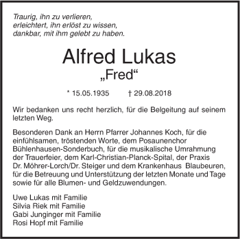 Traueranzeige von Alfred Lukas von SÜDWEST PRESSE Ausgabe Ulm/Neu-Ulm