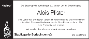 Traueranzeige von Alois Pfister von Hohenzollerische Zeitung