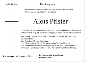 Traueranzeige von Alois Pfister von Hohenzollerische Zeitung