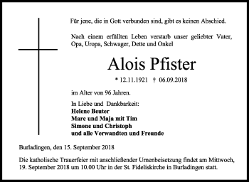 Traueranzeige von Alois Pfister von Hohenzollerische Zeitung