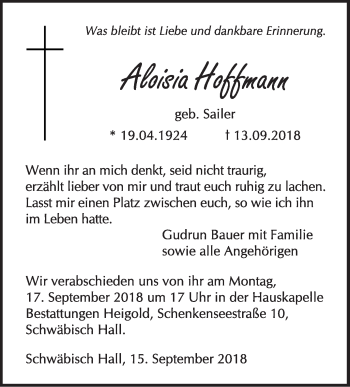 Traueranzeige von Aloisia Hoffmann von Haller Tagblatt