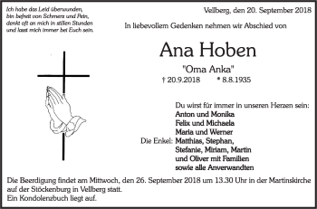 Traueranzeige von Ana Hoben von Haller Tagblatt