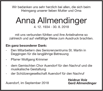 Traueranzeige von Anna Allmendinger von NWZ Neue Württembergische Zeitung/Geislinger Zeitung