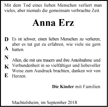 Traueranzeige von Anna Erz von SÜDWEST PRESSE Ausgabe Ulm/Neu-Ulm