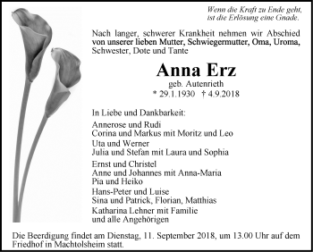 Traueranzeige von Anna Erz von SÜDWEST PRESSE Ausgabe Ulm/Neu-Ulm