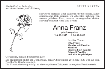 Traueranzeige von Anna Franz von Hohenloher Tagblatt