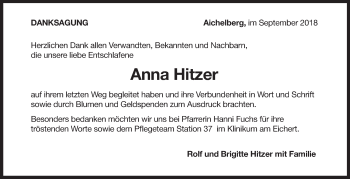 Traueranzeige von Anna Hitzer von NWZ Neue Württembergische Zeitung