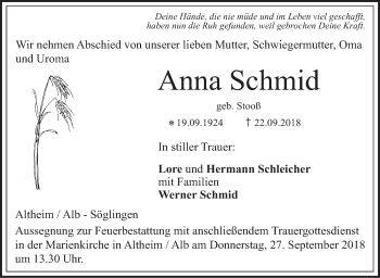 Traueranzeige von Anna Schmid von SÜDWEST PRESSE Ausgabe Ulm/Neu-Ulm