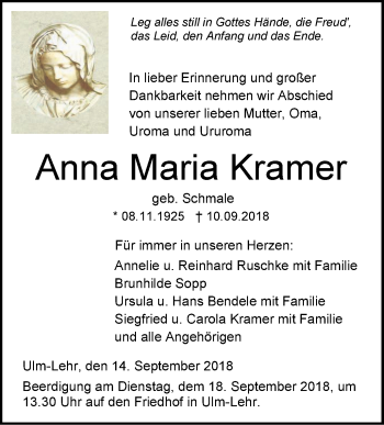 Traueranzeige von Anna Maria Kramer von SÜDWEST PRESSE Ausgabe Ulm/Neu-Ulm