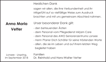 Traueranzeige von Anna Maria Vetter von SÜDWEST PRESSE Ausgabe Ulm/Neu-Ulm