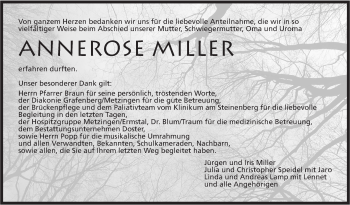 Traueranzeige von Annerose Miller von Metzinger-Uracher Volksblatt