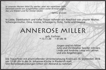 Traueranzeige von Annerose Miller von Metzinger-Uracher Volksblatt