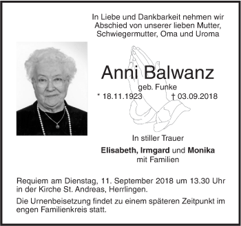 Traueranzeige von Anni Balwanz von SÜDWEST PRESSE Ausgabe Ulm/Neu-Ulm