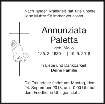 Traueranzeige von Annunziata Paletta von NWZ Neue Württembergische Zeitung