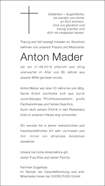 Traueranzeige von Anton Mader von SÜDWEST PRESSE Ausgabe Ulm/Neu-Ulm