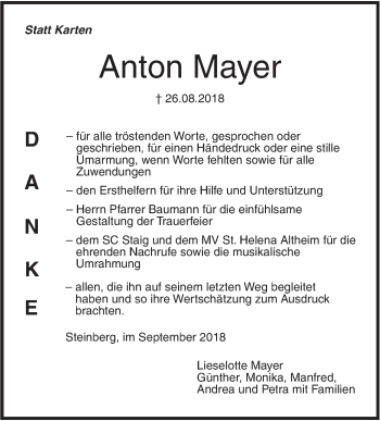 Traueranzeige von Anton Mayer von SÜDWEST PRESSE Ausgabe Ulm/Neu-Ulm