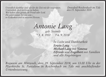 Traueranzeige von Antonie Lang von NWZ Neue Württembergische Zeitung/Geislinger Zeitung