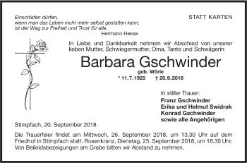 Traueranzeige von Barbara Gschwinder von Hohenloher Tagblatt