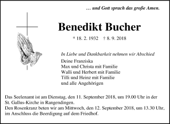 Traueranzeige von Benedikt Bucher von Hohenzollerische Zeitung