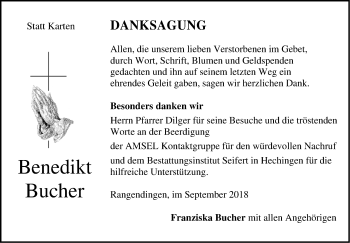 Traueranzeige von Benedikt Bucher von Hohenzollerische Zeitung