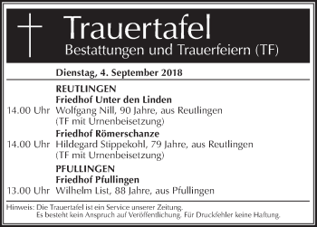 Traueranzeige von Bestattungen vom 04.09.2018 von Metzinger-Uracher Volksblatt