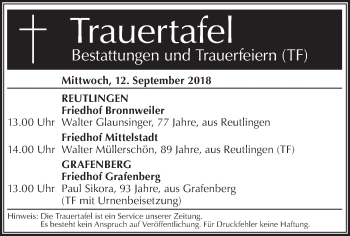 Traueranzeige von Bestattungen vom 12.09.2018 von Metzinger-Uracher Volksblatt