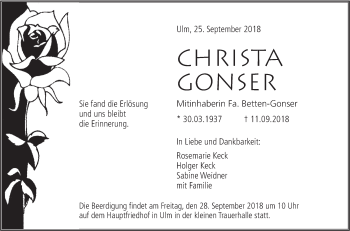 Traueranzeige von Christa Gonser von SÜDWEST PRESSE Ausgabe Ulm/Neu-Ulm