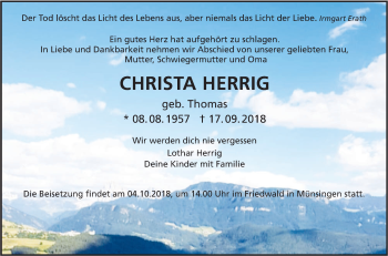 Traueranzeige von Christa Herrig von Alb-Bote/Metzinger-Uracher Volksblatt