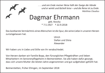 Traueranzeige von Dagmar Ehrmann von SÜDWEST PRESSE Ausgabe Ulm/Neu-Ulm