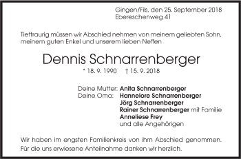 Traueranzeige von Dennis Schnarrenberger von Geislinger Zeitung