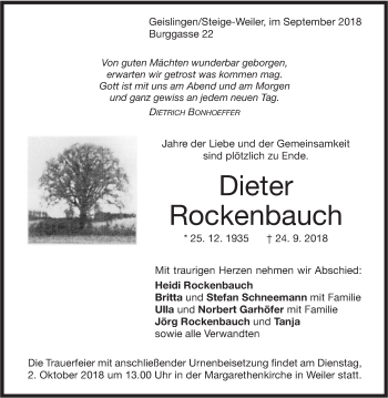 Traueranzeige von Dieter Rockenbauch von Geislinger Zeitung