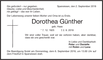 Traueranzeige von Dorothea Günther von NWZ Neue Württembergische Zeitung