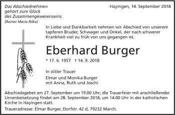 Traueranzeige von Eberhard Burger von Alb-Bote/Metzinger-Uracher Volksblatt