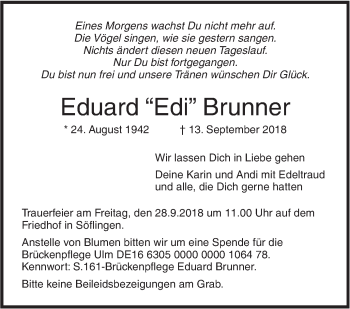 Traueranzeige von Eduard Edi Brunner von SÜDWEST PRESSE Ausgabe Ulm/Neu-Ulm