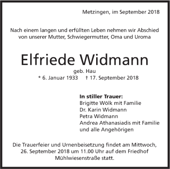 Traueranzeige von Elfriede Widmann von Metzinger-Uracher Volksblatt