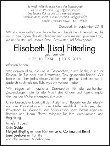 Traueranzeige von Elisabeth Fitterling von NWZ Neue Württembergische Zeitung/Geislinger Zeitung