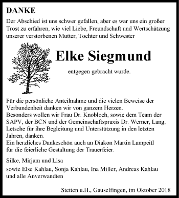 Traueranzeige von Elke Siegmund von Hohenzollerische Zeitung