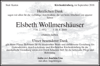 Traueranzeige von Elsbeth Wollmershäuser von Rundschau Gaildorf