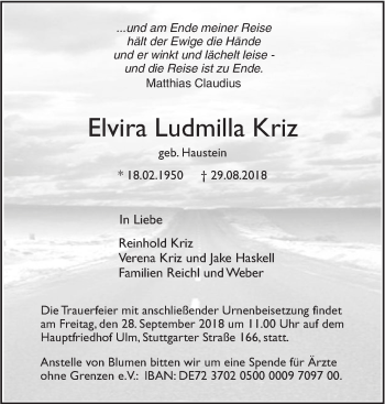 Traueranzeige von Elvira Ludmilla Kriz von SÜDWEST PRESSE Ausgabe Ulm/Neu-Ulm