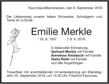 Traueranzeige von Emilie Merkle von NWZ Neue Württembergische Zeitung