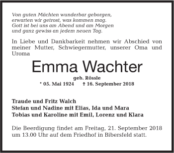 Traueranzeige von Emma Wachter von Haller Tagblatt