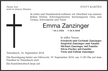 Traueranzeige von Emma Zanzinger von Hohenloher Tagblatt