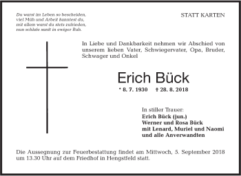 Traueranzeige von Erich Bück von Hohenloher Tagblatt