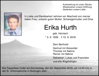 Traueranzeige von Erika Hurth von Hohenzollerische Zeitung