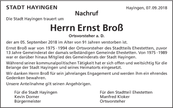 Traueranzeige von Ernst Broß von Alb-Bote/Metzinger-Uracher Volksblatt