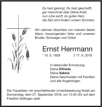 Traueranzeige von Ernst Herrmann von SÜDWEST PRESSE Ausgabe Ulm/Neu-Ulm