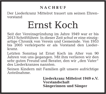 Traueranzeige von Ernst Koch von Rundschau Gaildorf