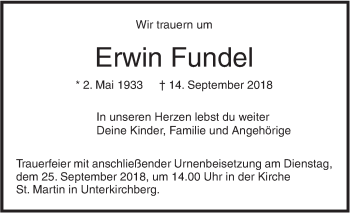 Traueranzeige von Erwin Fundel von SÜDWEST PRESSE Ausgabe Ulm/Neu-Ulm