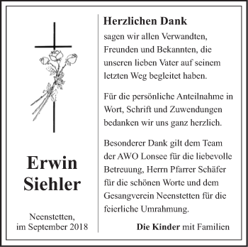 Traueranzeige von Erwin Siehler von SÜDWEST PRESSE Ausgabe Ulm/Neu-Ulm