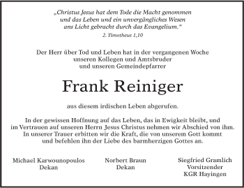 Traueranzeige von Frank Reiniger von Alb-Bote/Metzinger-Uracher Volksblatt